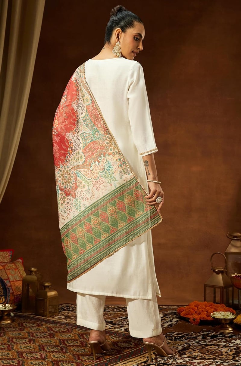 Janasya Women's Off White Silk Blend Embellished Straight Kurta Set - Image 4